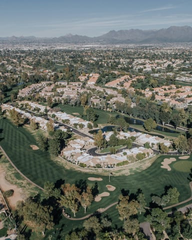 Paradise Valley Arizona aerial with golf course and mountains